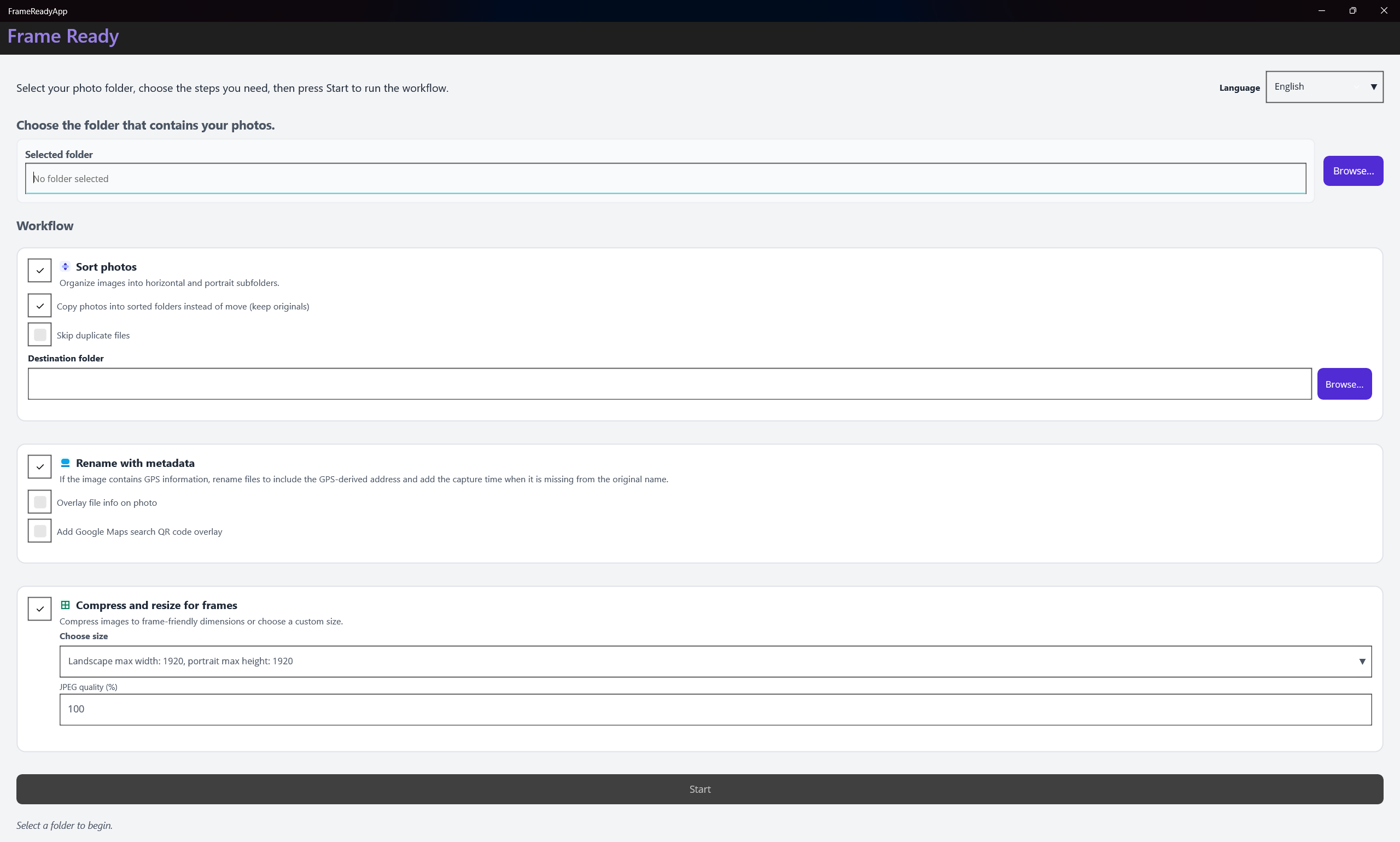 Frame Ready app workflow screen showing folder selection, sorting, metadata renaming, and compression options.