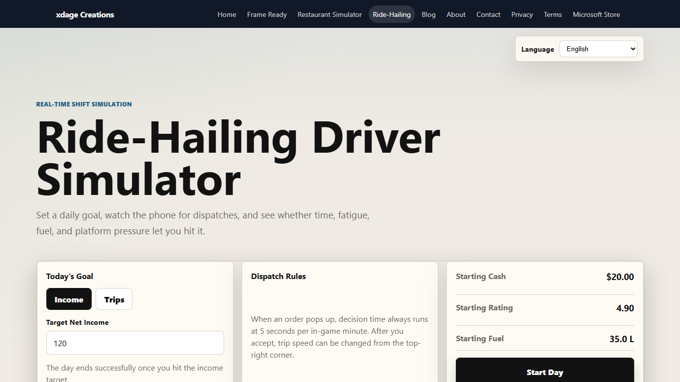 Ride-Hailing Driver Simulator setup screen with income and trip goal options.